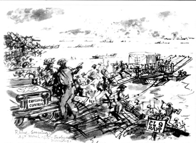 Copied sketches (10) - 9 of the 5th Bn Royal Berkshire Regiment landing at Bernieres-sur-Mer D-day & one of "The crossing of the Rhine"; 37901
