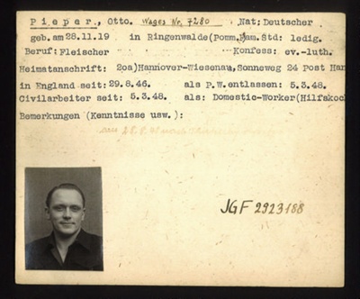 German P.O.W. record card - Otto Pieper - German - Dob 28/11/1919; 6650