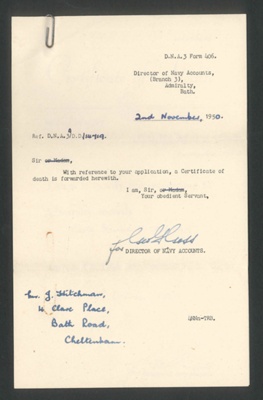 Admiralty death certificate - Royal Marine Keith David Hitchman R.M. 7796 - died 16/10/1950; 34434