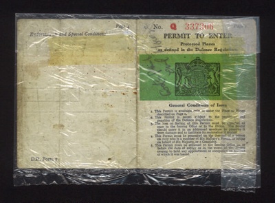 Permit - R.A.F. Thornaby (radar section ) - issued to Geoffrey Teasdale - electrician - valid from 12/07/1945 to 30/09/1945; 12/07/1945; 5257
