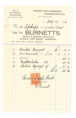 Receipts (5) - for cost of wedding dress - bouquets - hire of hall etc Miss Margaret Lipthorpe & Mr Thomas Gouldson; 17/08/1946; 37344 Receipts (5) - for cost of wedding dress - bouquets - hire of hall etc Miss Margaret Lipthorpe & Mr Thomas Gouldson; 17/08/1946; 37344