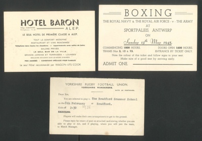 Souvenirs (3) - ticket to boxing match 13/05/1945 - hotel baron card - rugby selection card 08/02/1938; 13/05/1945; 34515