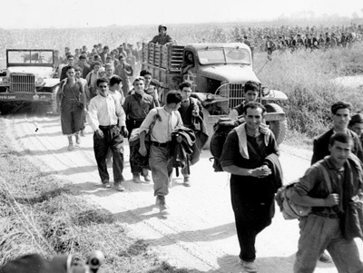 Photograph - Italian refugees moving along a narrow lane near Battipaglia; 9599