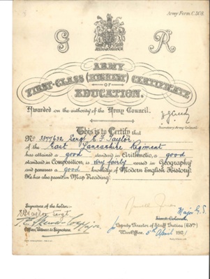 Army form c308 - "Army first class (highest) certificate of education" - Sgt E.F. Taylor - 05/04/1921; 5/04/1921; 34884 Army form c308 - "Army first class (highest) certificate of education" - Sgt E.F. Taylor - 05/04/1921; 5/04/1921; 34884