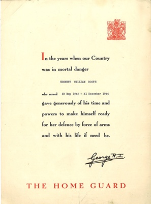 Certificate - Home Guard - awarded to Kenneth William Booth - for service from 30/05/1942 to 31/12/1944; 30/05/1942; 5118