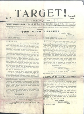 Copy of Target - Souvenir issue of 101st Liverpool Home Guard rocket anti-aircraft battery - Liverpool newsletter; 35577 Copy of Target - Souvenir issue of 101st Liverpool Home Guard rocket anti-aircraft battery - Liverpool newsletter; 35577