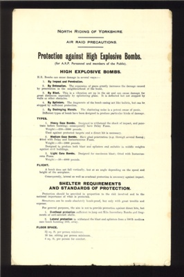 Information leaflet - "Protection against high explosive bombs" - for A.R.P personnel - issued by North Riding of Yorkshire; 13106 Information leaflet - "Protection against high explosive bombs" - for A.R.P personnel - issued by North Riding of Yorkshire; 13106