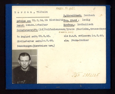 German Eden Camp P.O.W. record card - Wilhelm Berdan - German - Dob 29/02/1924; 6570