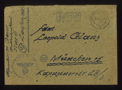 Handwritten letter from Ilag VII, Laufen, Germany to Glanz family 02/06/1945. author & Contents unknown due to pencil script unreadable. in German with English translation. Franz Glanz a POW at Eden Camp.; 71530