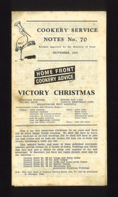 Leaflet - Stork Margarine cookery notes no: 70 - "Victory Christmas" - November 1945; 1/11/1945; 5227 Leaflet - Stork Margarine cookery notes no: 70 - "Victory Christmas" - November 1945; 1/11/1945; 5227