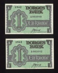Bank notes (2) - Norwegian 1 krona - issued by Norges bank - 1942 - notes printed in England - possibly Norwegian currency in exile; 1/01/1942; 5245