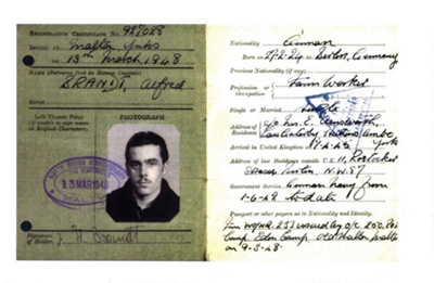Copy of certificate of registration/identity card - Issued to ex Eden Camp P.O.W. Alfred Brandt - Repatriated 04/12/1948; 37914