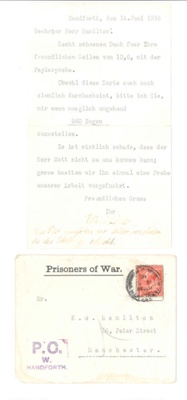 Letter (in German) - from German P.O.W. in Handforth P.O.W. camp near Manchester - to K.G. Hamilton - 14/06/1916; 14/06/1916; 37023 Letter (in German) - from German P.O.W. in Handforth P.O.W. camp near Manchester - to K.G. Hamilton - 14/06/1916; 14/06/1916; 37023
