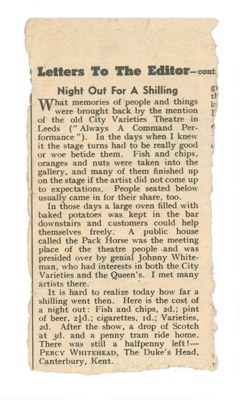 Press cutting - "Night out for a shilling" - cost of a night out at the theatre; 36481