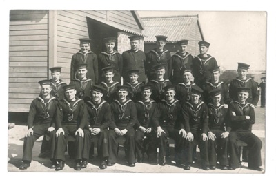 Group photograph - unidentified R.N. unit - Harry Waller - (back row 3rd from left - no collar); 35759 Group photograph - unidentified R.N. unit - Harry Waller - (back row 3rd from left - no collar); 35759