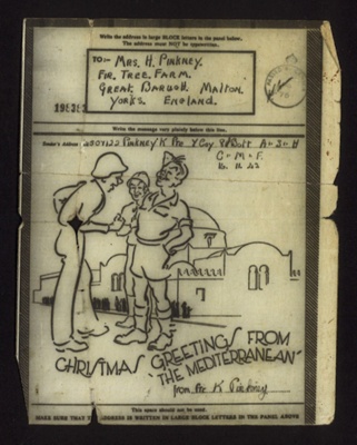 Forces Christmas aerogramme - from Pte K. pinkney - "Y" Coy 8th Bn Argyll & Sutherland Highlanders - Middle East - 16/11/1942; 16/11/1942; 13366 Forces Christmas aerogramme - from Pte K. pinkney - "Y" Coy 8th Bn Argyll & Sutherland Highlanders - Middle East - 16/11/1942; 16/11/1942; 13366