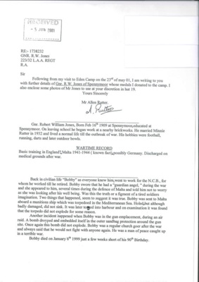 Letter from Allen Rutter re: service history of Gnr R.W. Jones 1738232 223/32 L.A.A. Regiment R.A.; 35997 Letter from Allen Rutter re: service history of Gnr R.W. Jones 1738232 223/32 L.A.A. Regiment R.A.; 35997
