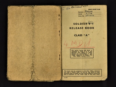 Army book X801 - Soldier's Release Book class "A" - Pte H.T.W. Barter S/6216714 R.A.S.C. - 14/12/1946; 14/12/1946; 9037