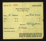 British Merchant Navy pass (yellow) - for port of New York - "A. Cairns"; 7653 British Merchant Navy pass (yellow) - for port of New York - "A. Cairns"; 7653