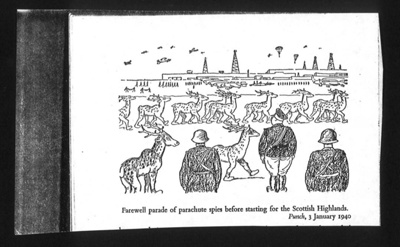 Cartoon - "Farewell parade of parachute spies before departing for the Scottish Highlands" - punch 03/01/1940; 3/01/1940; 9621 Cartoon - "Farewell parade of parachute spies before departing for the Scottish Highlands" - punch 03/01/1940; 3/01/1940; 9621