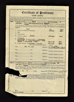 Certificate of proficiency - Home Guard - Bsm E. Devonshire 10th North Riding (Scarborough) Home Guard - 30/06/1944; 30/06/1944; 5875 Certificate of proficiency - Home Guard - Bsm E. Devonshire 10th North Riding (Scarborough) Home Guard - 30/06/1944; 30/06/1944; 5875