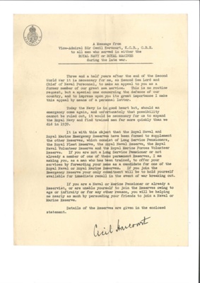 Letter - from Vice-Admiral Sir Cecil harcourt calling on ex Royal Navy personnel to volunteer for the reserves; 35611 Letter - from Vice-Admiral Sir Cecil harcourt calling on ex Royal Navy personnel to volunteer for the reserves; 35611