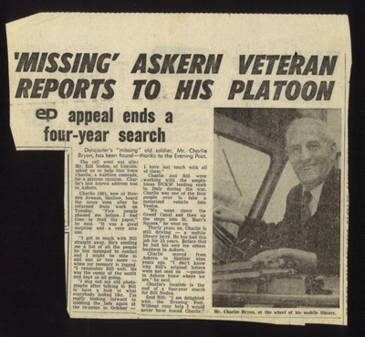Press cutting - "Missing askern veteran reports to his platoon" - re-union of Charlie Bryan & Bill Noden - see item no: 5215; 1/01/1975; 5214 Press cutting - "Missing askern veteran reports to his platoon" - re-union of Charlie Bryan & Bill Noden - see item no: 5215; 1/01/1975; 5214