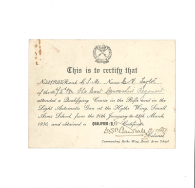 Certificate - "Rifle and light automatic gun course" - C.S.M. E.F. Taylor - 28/03/1930; 28/03/1930; 34887 Certificate - "Rifle and light automatic gun course" - C.S.M. E.F. Taylor - 28/03/1930; 28/03/1930; 34887