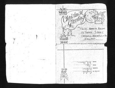 Forces aerogramme Christmas card - from Sgt T. Robson 28 (W.A.) M.A.C. W.A.A.S.C. S.E.A.C. - 11/11/1944; 25/12/1944; 6423