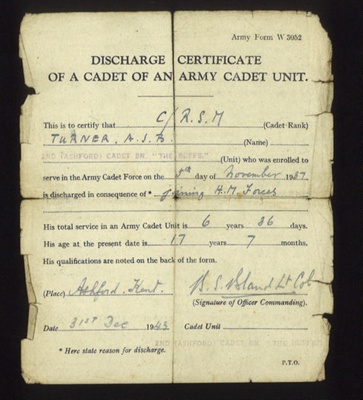 Army form W3052 - "Discharge Certificate" - Army Cadet Unit - C/R.S.M. A.J.B. Turner - 31/12/1943; 31/12/1943; 5049