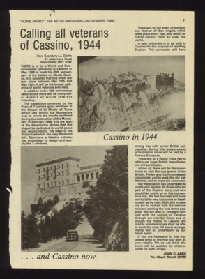 Magazine article - "Calling all Veterans of Cassino 1944" - "Home Front - the Moth Magazine" - November 1988; 1/11/1988; 1913 Magazine article - "Calling all Veterans of Cassino 1944" - "Home Front - the Moth Magazine" - November 1988; 1/11/1988; 1913