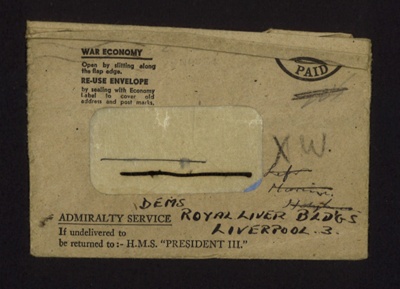 War economy reusable envelope (brown) - addressed - "D.E.M.S. - Royal liver bldg - Liverpool"; 7651 War economy reusable envelope (brown) - addressed - "D.E.M.S. - Royal liver bldg - Liverpool"; 7651
