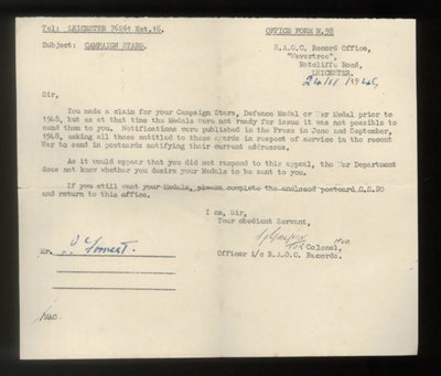 Documents - Bank release slip, postal draft, absence note, document after receiving medals etc. Documents belonging to Mr Jack Forrest. WW2.; 79930