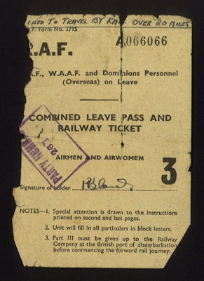 R.A.F. combined leave pass and railway ticket & 2 copies - plus post card "Flight mechanic (engine)" - (photocopies in hut 9); 17/10/1945; 2007