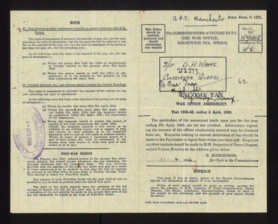 Army form 0 1651 - War Office income tax assessment form 1945/46 - 2/Lt D.H. Watts - Coldstream Guards; 1/04/1946; 9667