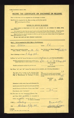 R.N. form S1006 - income tax certificate on discharge or release - A.B. P.W. Staton P/JX 388195 - 16/07/1946; 16/07/1946; 6340