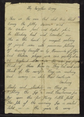 Poem - "The Forgotten Army" by L/Bdr L. Heslington - 8th Field Regiment R.A. - 08/10/1944 - Burma; 8/10/1944; 2045