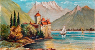 Pair of oil paintings - landscapes painted by Italian POW G.Parisi in Camp No. 2 North Africa. Chillon Castle, Lake Geneva, Switzerland.; 24556