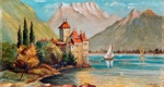 Pair of oil paintings - landscapes painted by Italian POW G.Parisi in Camp No. 2 North Africa. Chillon Castle, Lake Geneva, Switzerland.; 24556 Pair of oil paintings - landscapes painted by Italian POW G.Parisi in Camp No. 2 North Africa. Chillon Castle, Lake Geneva, Switzerland.; 24556
