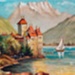 Pair of oil paintings - landscapes painted by Italian POW G.Parisi in Camp No. 2 North Africa. Chillon Castle, Lake Geneva, Switzerland.; 24556 Pair of oil paintings - landscapes painted by Italian POW G.Parisi in Camp No. 2 North Africa. Chillon Castle, Lake Geneva, Switzerland.; 24556