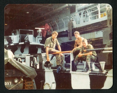 Coloured photograph of crew onboard HMS Fearless during the Falklands ...