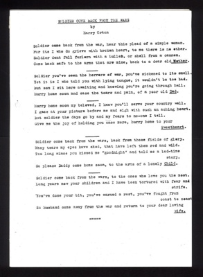Collection of war poems by Harry Orton; 7624 Collection of war poems by Harry Orton; 7624