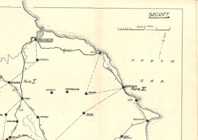 Map - army Divisional transport map of Yorkshire & Lancashire showing "D.R. routes & lorry routes" - marked "Secret"; 7394