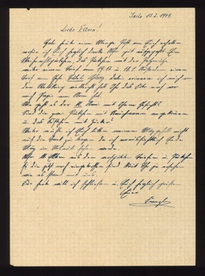 Handwritten letter from Franz Glanz in Jaslo, Poland dated 13/02/1944 to parents. in German with English translation. Franz Glanz a POW at Eden Camp.; 71523