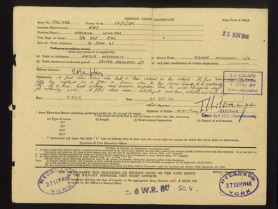 Army form x202/a - "Release Leave Certificate" - M.W. Kay 7941786 - 22/11/1946; 22/11/1946; 9589