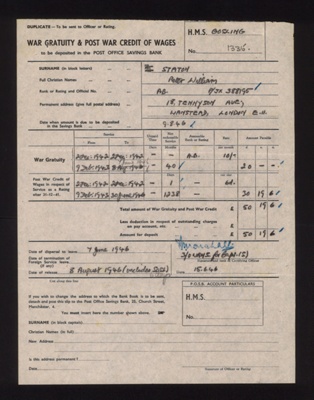 Form (pink) - war gratuity and post war credit of wages - A.B. Peter W. Staton P/JX 388195 "H.M.S. Gosling" - 15/06/1946; 15/06/1946; 6339 Form (pink) - war gratuity and post war credit of wages - A.B. Peter W. Staton P/JX 388195 "H.M.S. Gosling" - 15/06/1946; 15/06/1946; 6339