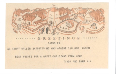 Telegram & envelope - A.B. Harry Waller JX 264229 "H.M.S. Athene"; 35763 Telegram & envelope - A.B. Harry Waller JX 264229 "H.M.S. Athene"; 35763