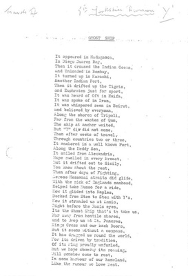 Poem - "Ghost ship" - wartime travels of the "5th Infantry Division" - "Y"; 37750