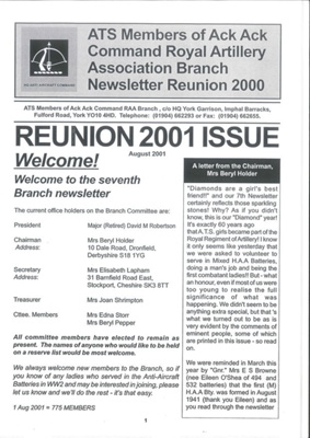 Newsletter - "A.T.S. members of Ack-Ack" - Reunion 2001; 36701 Newsletter - "A.T.S. members of Ack-Ack" - Reunion 2001; 36701
