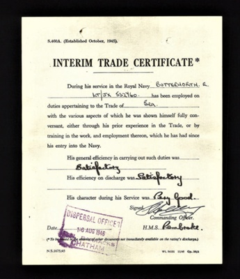 Navy form s460a - interim trade certificate - E. Butterworth lt/JX 532760 - 16/08/1946 - "H.M.S. Pembroke"; 16/08/1946; 9638 Navy form s460a - interim trade certificate - E. Butterworth lt/JX 532760 - 16/08/1946 - "H.M.S. Pembroke"; 16/08/1946; 9638